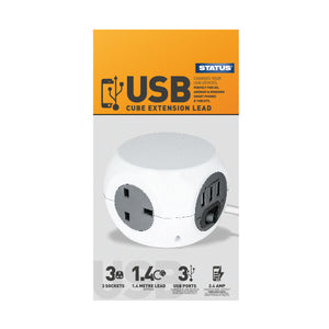 3 Way 1.4 Metre Cube Socket With 3 X USB Ports White